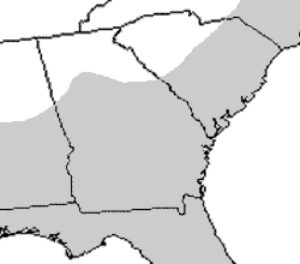 A grayscale map shows several southeastern U.S. states with a highlighted region covering parts of multiple states—the typical range of the Mud Snake, Farancia abacura. No labels or specific features are visible.