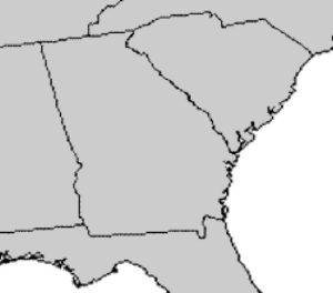 Map showing the southeastern United States with the states of Georgia, South Carolina, Alabama, and surrounding areas outlined in gray—the native range of the Eastern Hognose Snake (Heterodon platirhinos).