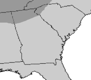 Black and white map showing southeastern U.S. states, including Georgia, Alabama, and South Carolina, with shaded areas in the northwest corner indicating the range of the Scarlet Kingsnake (Lampropeltis elapsoides).